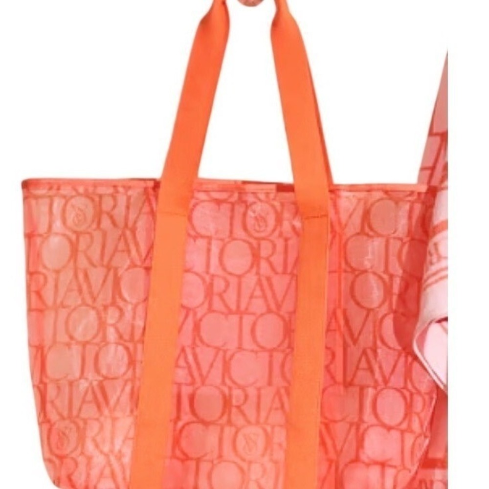 Victoria's Secret Neon Coral Orange Mesh Logo Tote Bag Beach Pool Gym NWT